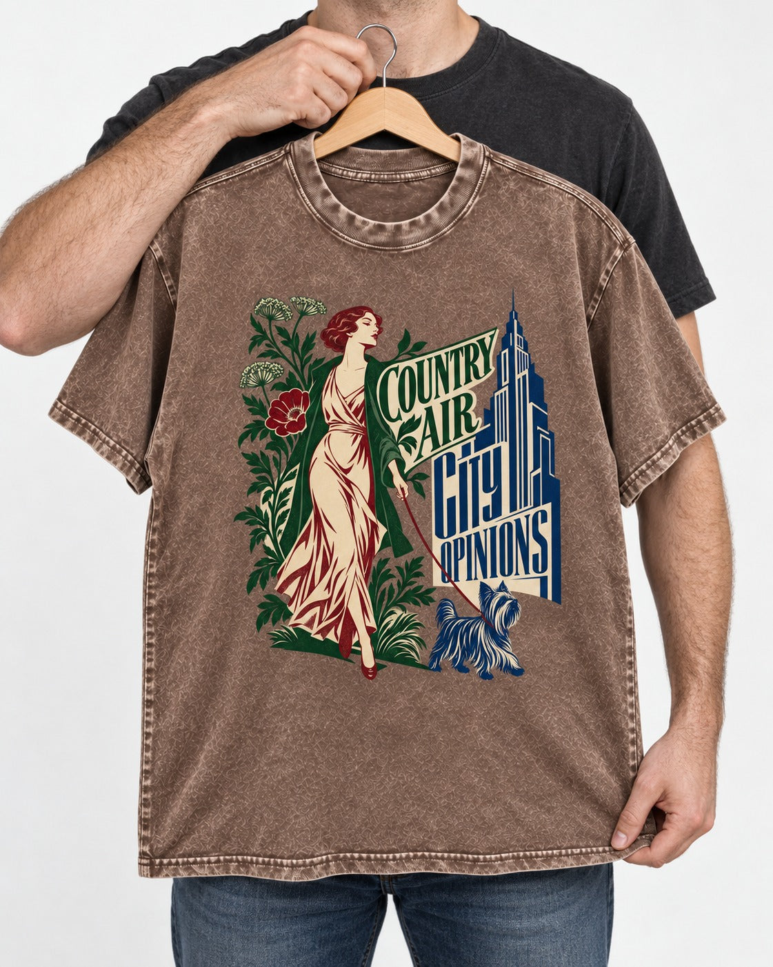 Yorkshire Terrier Country Air City Opinions Botanical Graphic Washed Tee in Coffee, held up on a hanger