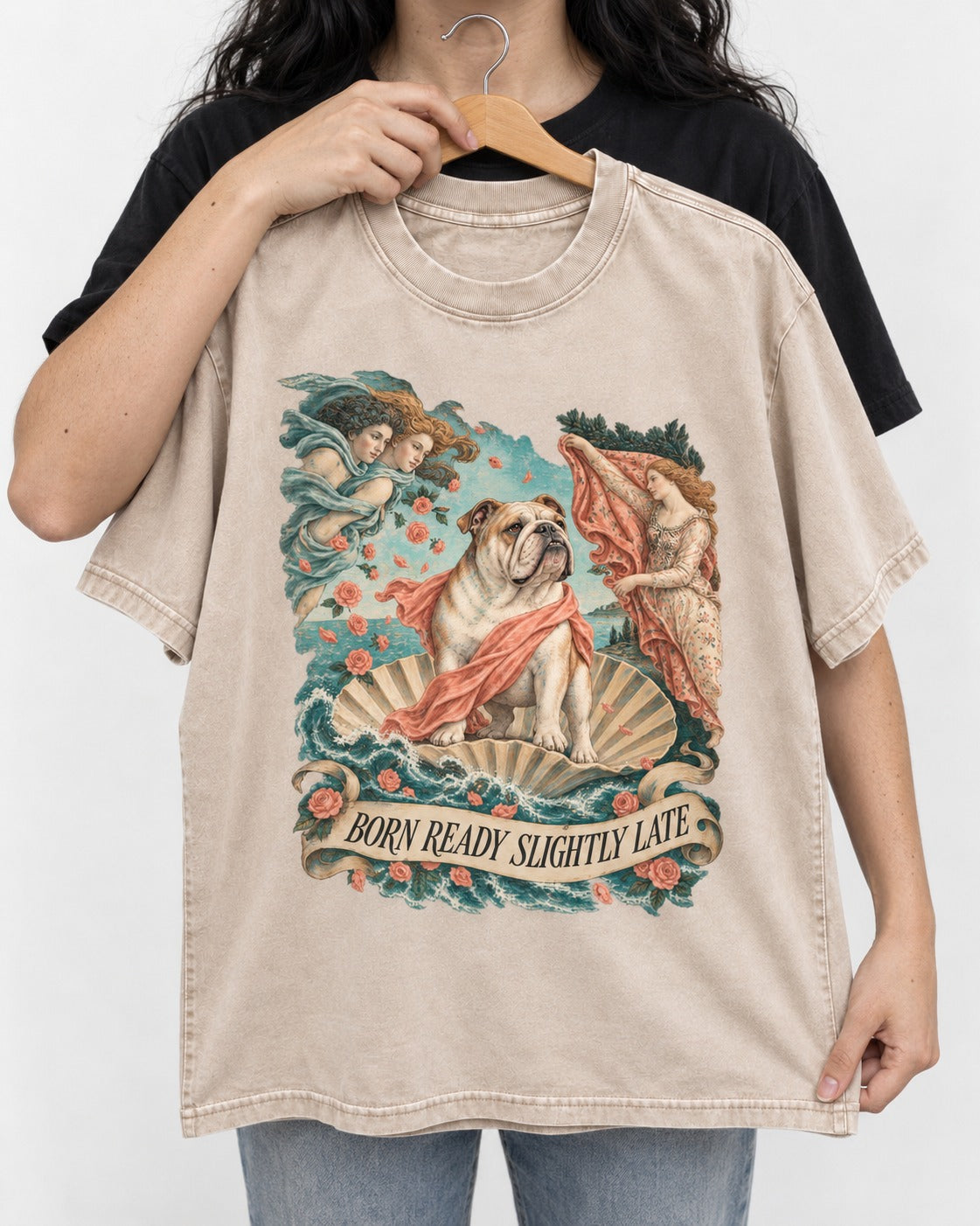 Born Ready Slightly Late English Bulldog Washed Tee in Apricot, held up on a hanger