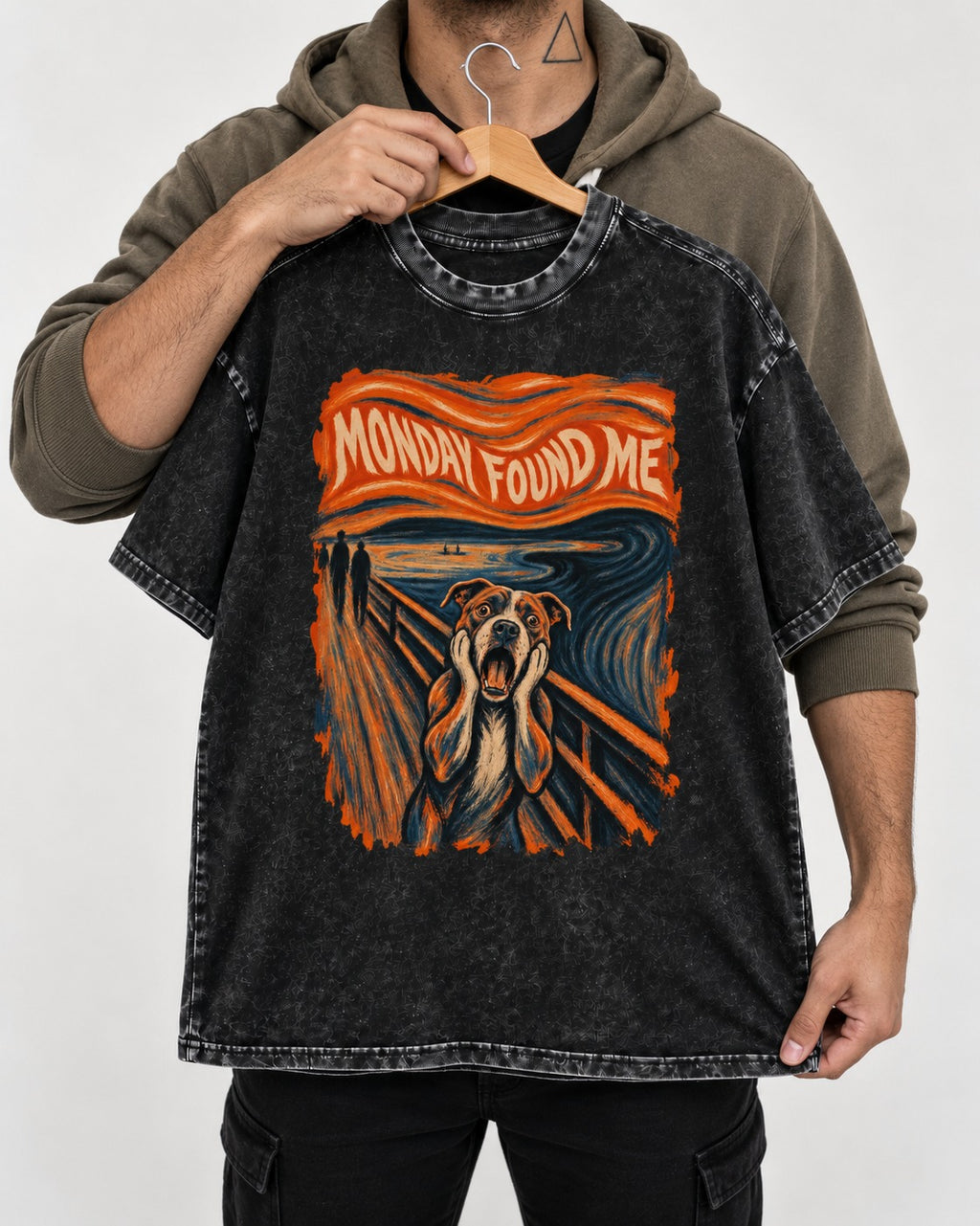 Pitbull Monday Found Me Expressionist Scream Graphic Washed Tee in Black, held up on a hanger
