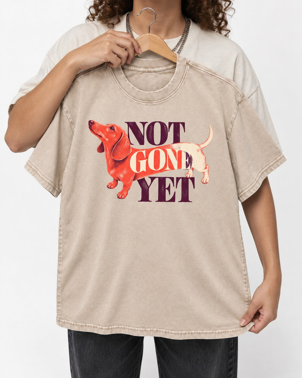 Dachshund Not Gone Yet Washed Tee in Apricot, held up on a hanger