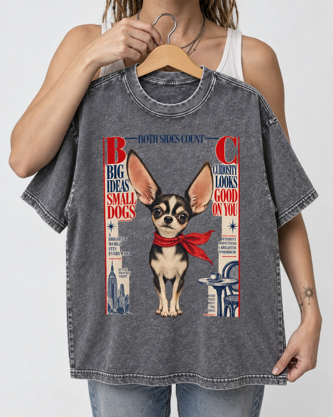 Chihuahua Big Ideas Washed Tee in Gray, held up on a hanger