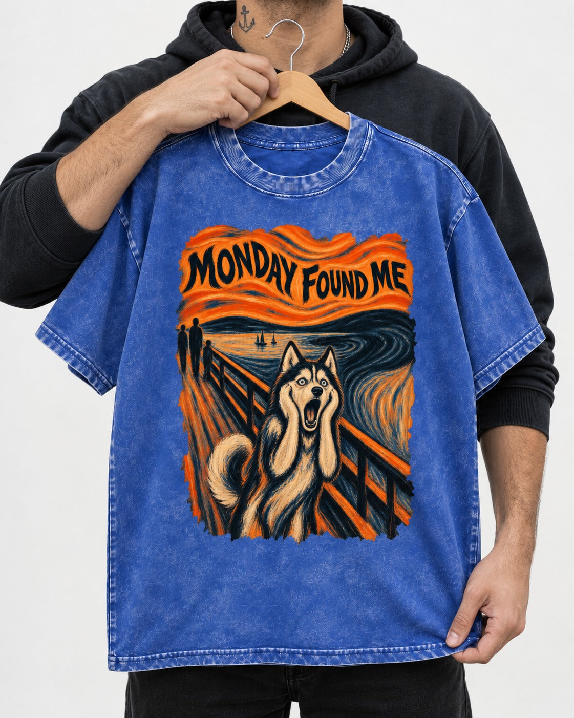 Husky Monday Found Me Scream Parody Graphic Washed Tee in Royal Blue, held up on a hanger