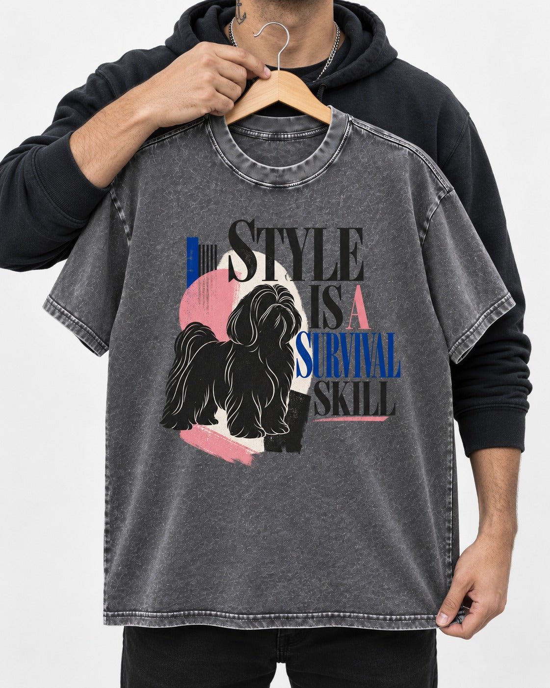 Shih Tzu Survival Skill Washed Tee in Gray, held up on a hanger
