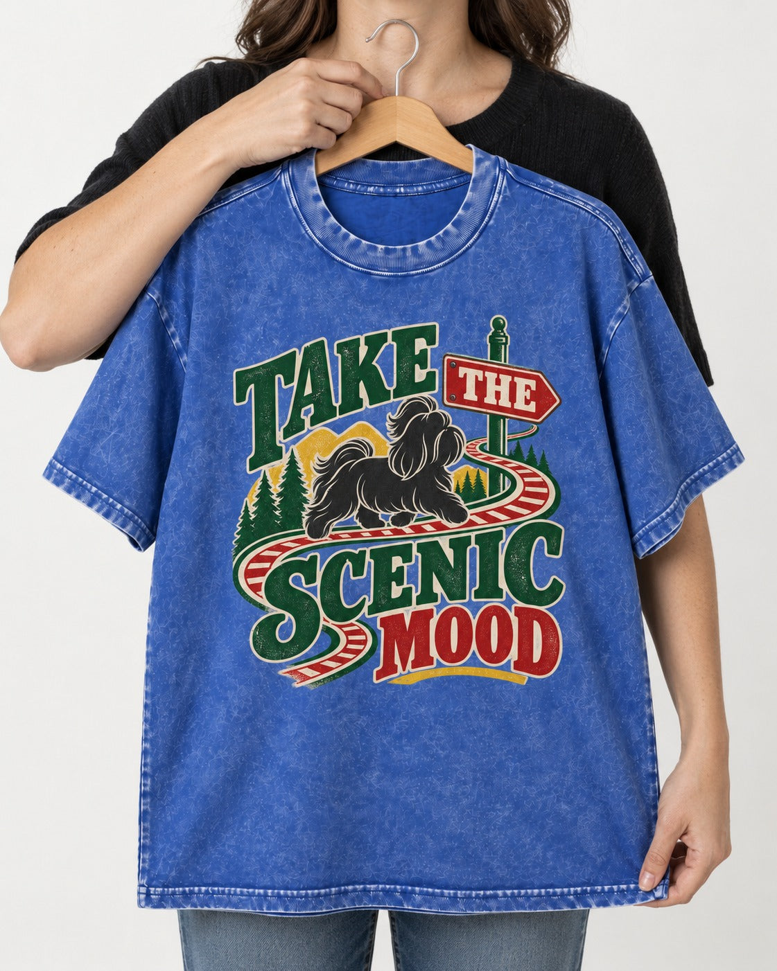 Shih Tzu Take the Scenic Mood Road Sign Graphic Washed Tee in Royal Blue, held up on a hanger
