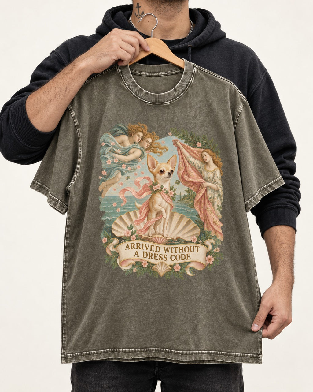 Chihuahua Arrived Without a Dress Code Classical Shell Scene Washed Tee in Army Green, held up on a hanger
