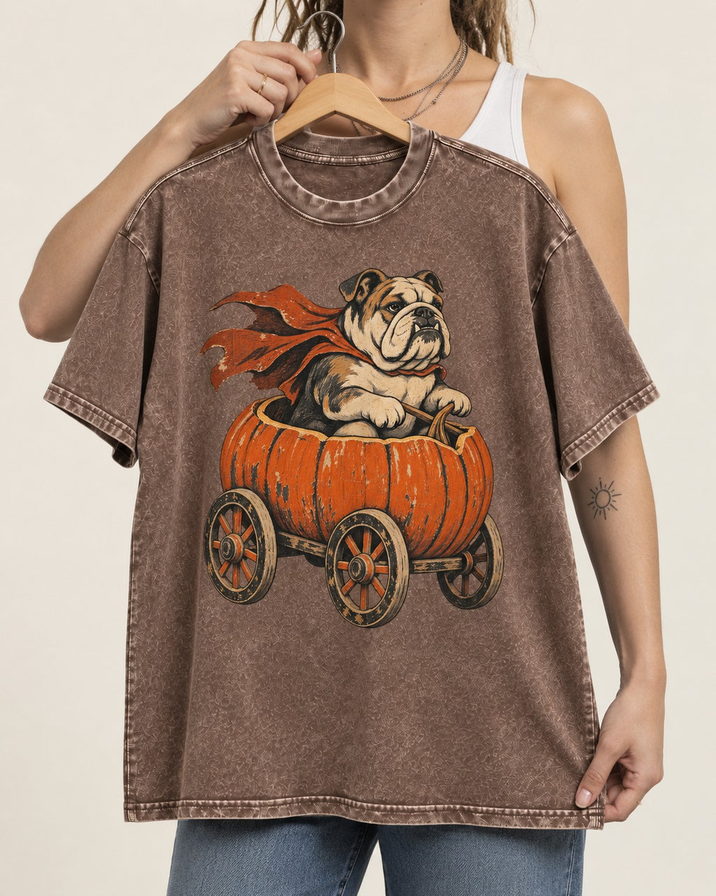 English Bulldog Midnight Magic Washed Tee in Coffee, held up on a hanger