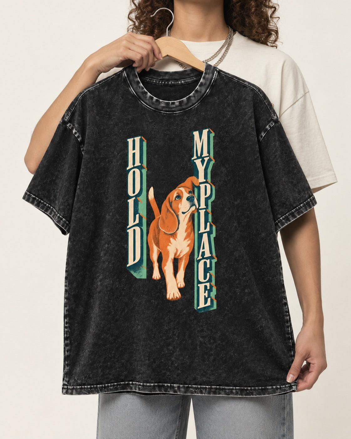Vintage Beagle Hold My Place Washed Tee in Black, held up on a hanger