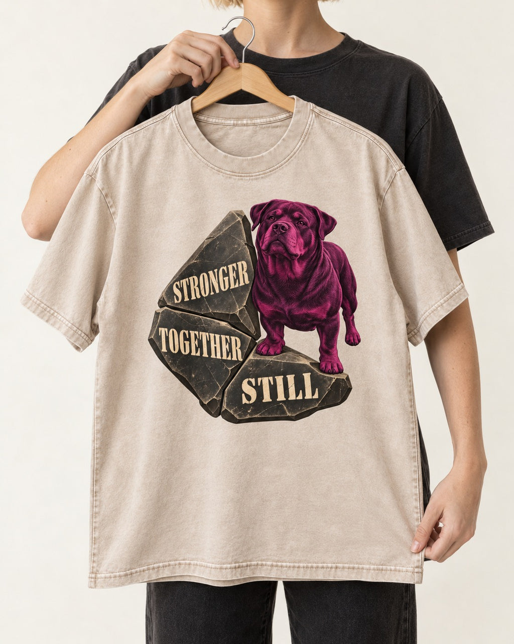 Rottweiler Stronger Together Still Foundation Stone Graphic Washed Tee in Apricot, held up on a hanger