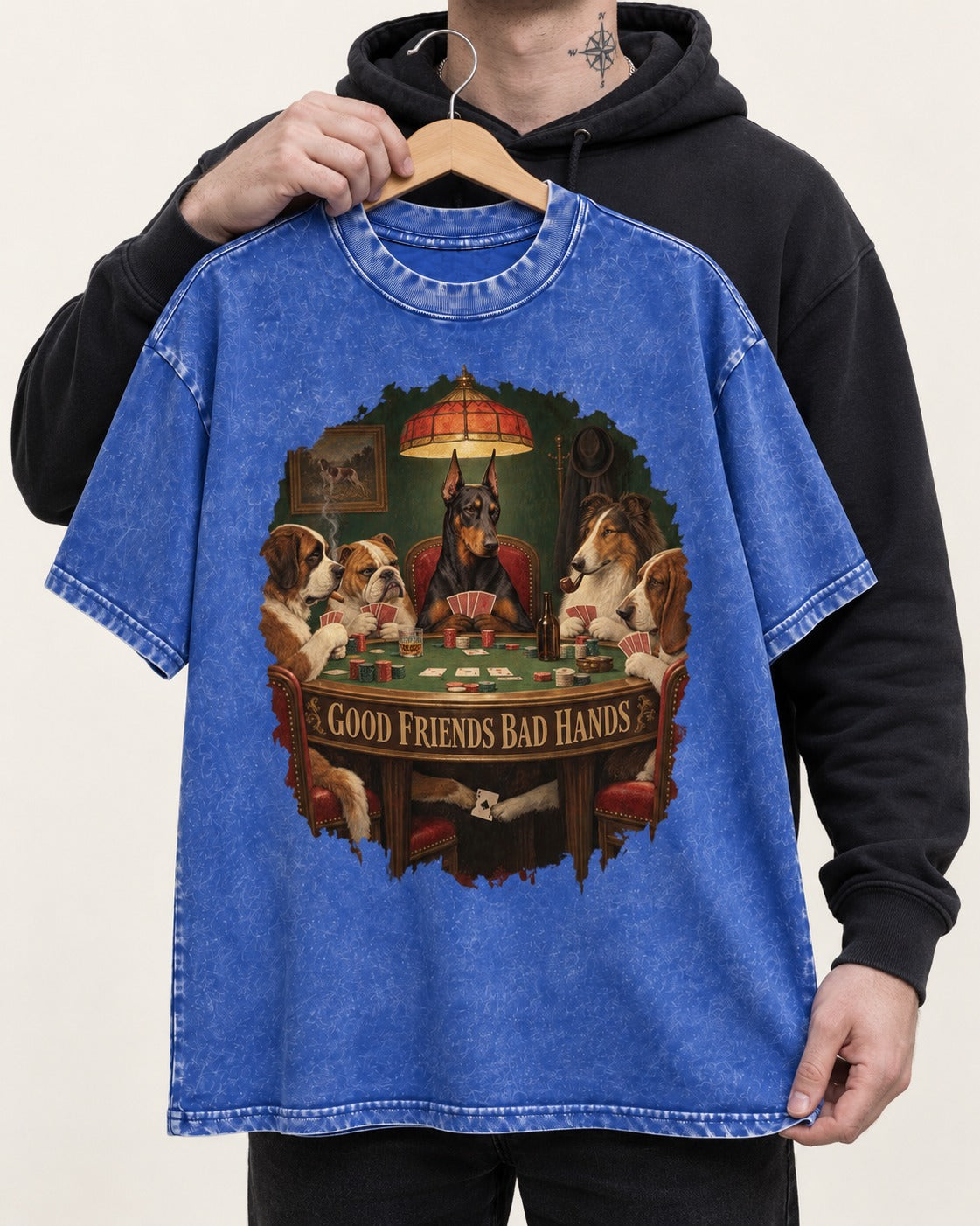 Doberman Good Friends Bad Hands Poker Night Graphic Washed Tee in Royal Blue, held up on a hanger