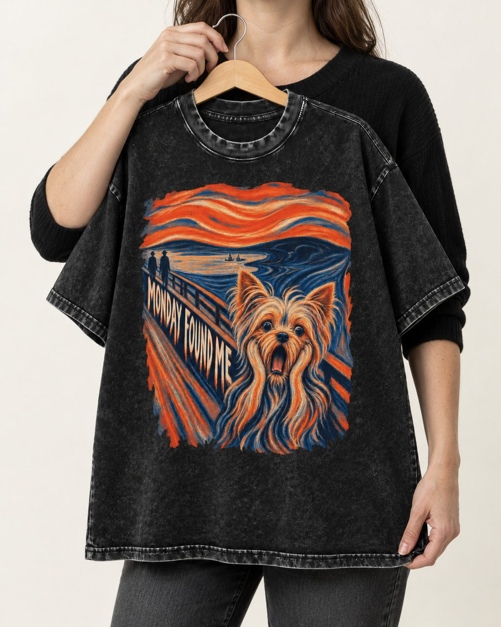 Yorkshire Terrier Monday Found Me Scream Parody Graphic Washed Tee in Black, held up on a hanger