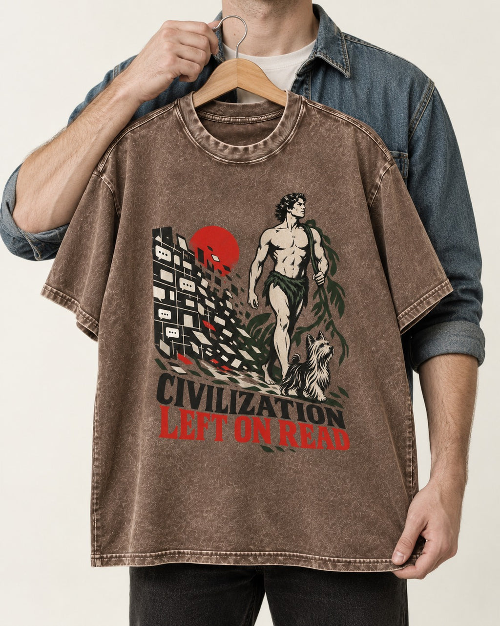 Yorkshire Terrier Left Civilization on Read Washed Tee in Coffee, held up on a hanger