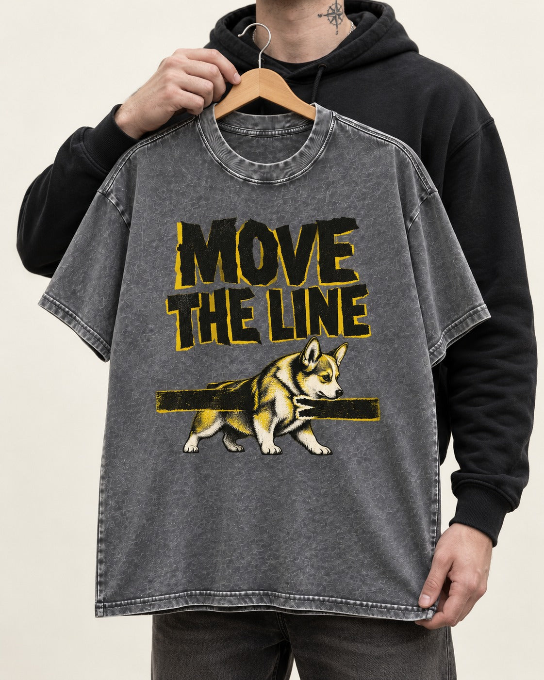 Corgi Move the Line Washed Tee in Gray, held up on a hanger