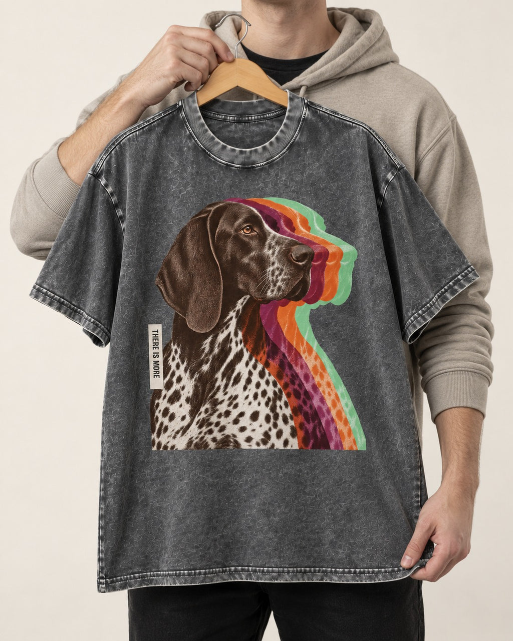 There Is More German Shorthaired Pointer Washed Tee in Gray, held up on a hanger