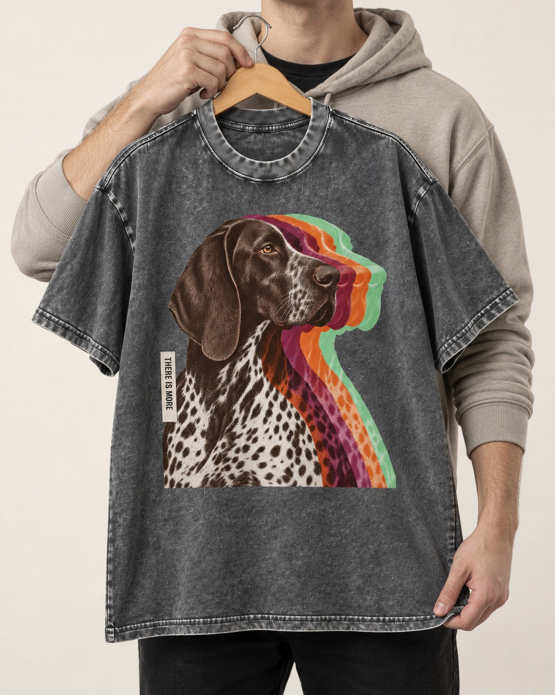 There Is More German Shorthaired Pointer Washed Tee in Gray, held up on a hanger