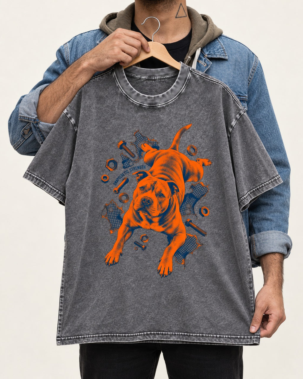 Pitbull Strength Washed Tee in Gray, held up on a hanger