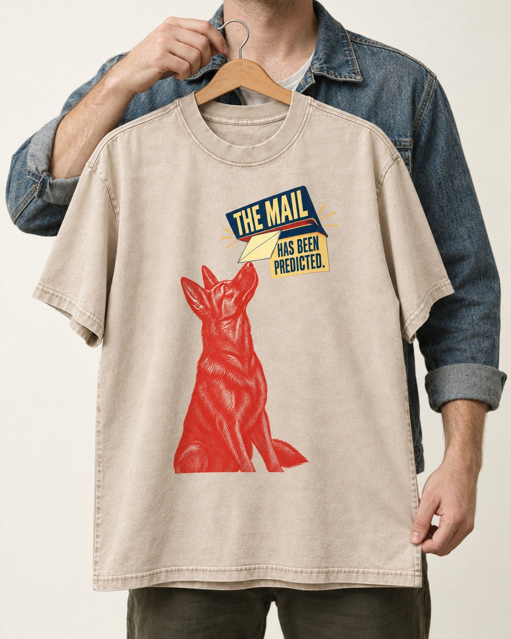 German Shepherd Dog Mail Predicted Graphic Washed Tee in Apricot, held up on a hanger