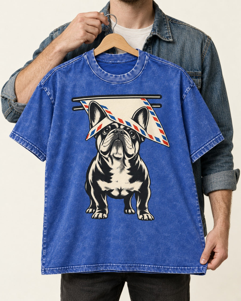 Frenchie Mail Slot Intercept Graphic Washed Tee in Royal Blue, held up on a hanger