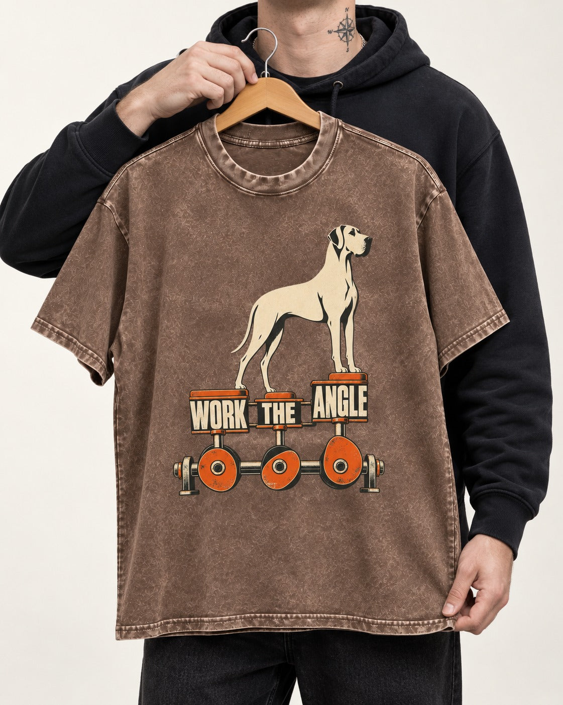 Great Dane Work the Angle Washed Tee in Coffee, held up on a hanger