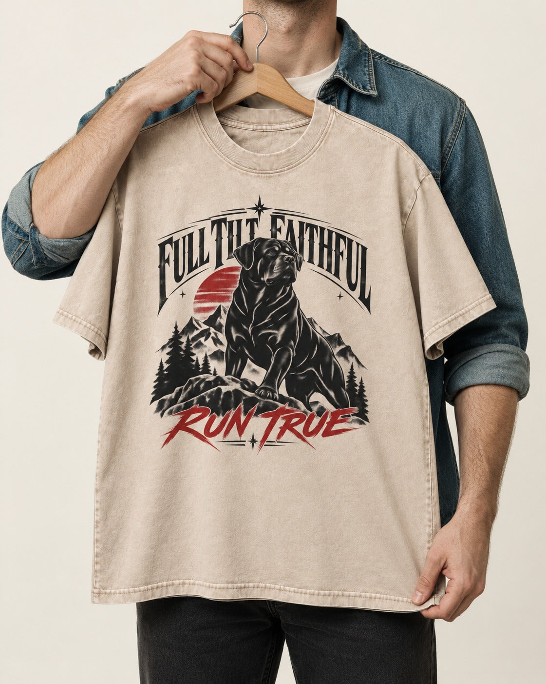 Run True Rottweiler Washed Tee in Apricot, held up on a hanger