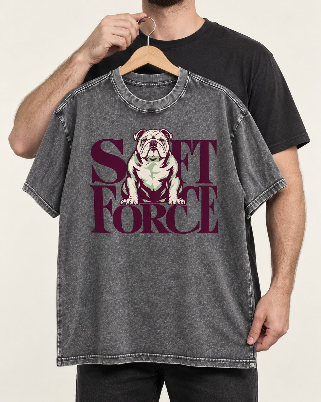 Set Force English Bulldog Washed Tee in Gray, held up on a hanger