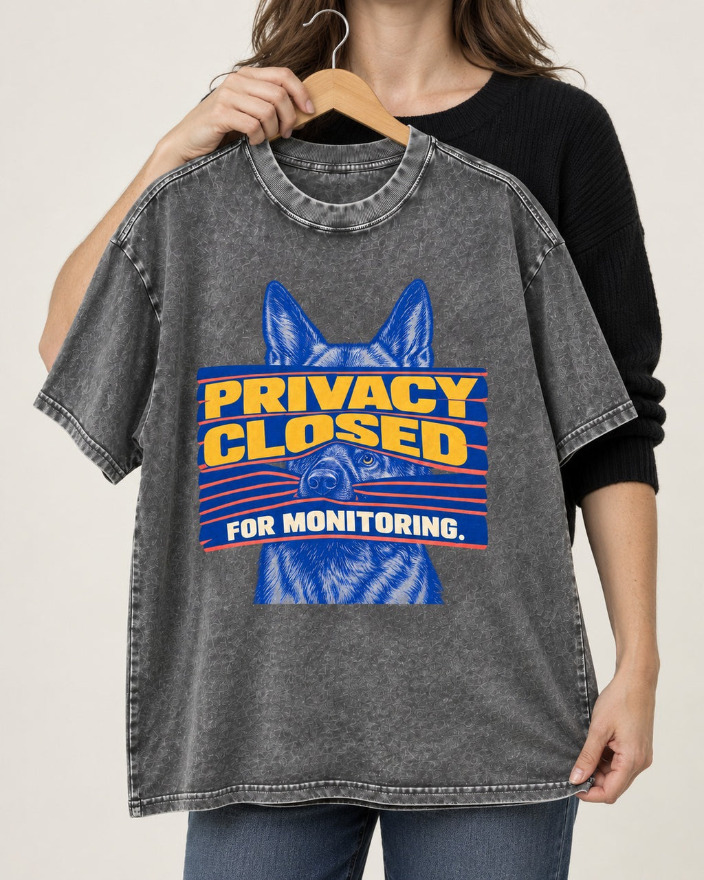 German Shepherd Dog Privacy Closed for Monitoring Washed Tee in Gray, held up on a hanger
