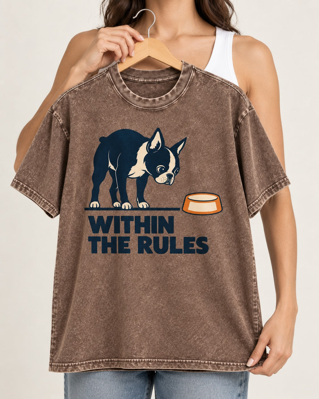 Within the Rules Boston Terrier Washed Tee in Coffee, held up on a hanger