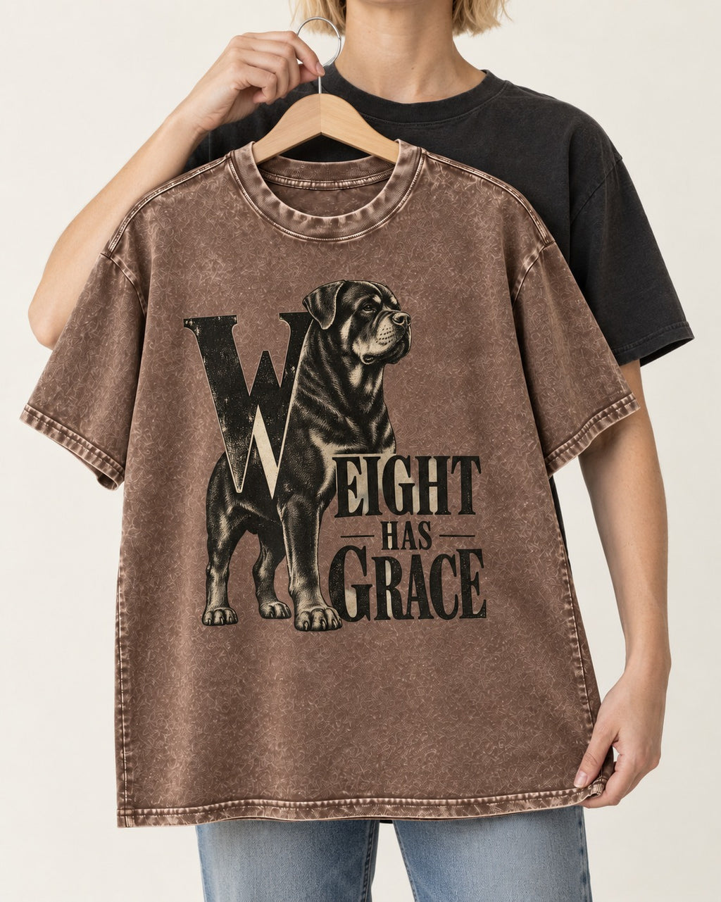 Rottweiler Weight Has Grace Washed Tee in Coffee, held up on a hanger