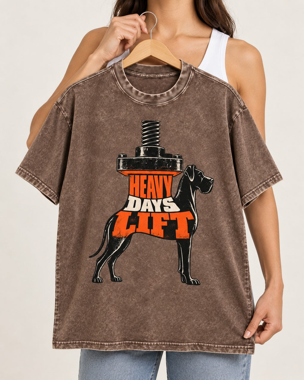 Great Dane Heavy Days Lift Washed Tee in Coffee, held up on a hanger