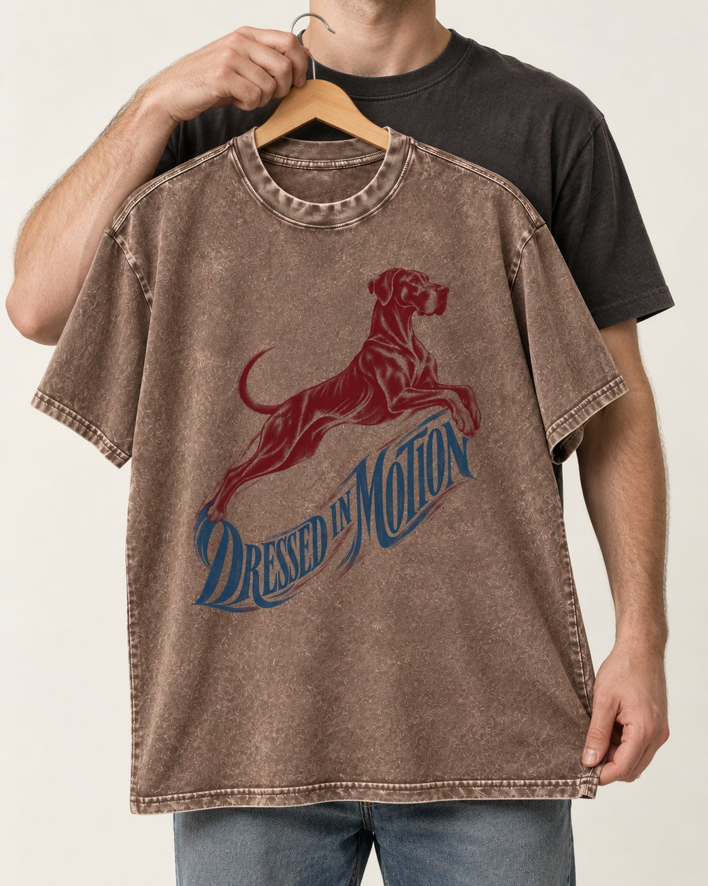 Great Dane Dressed in Motion Washed Tee in Coffee, held up on a hanger