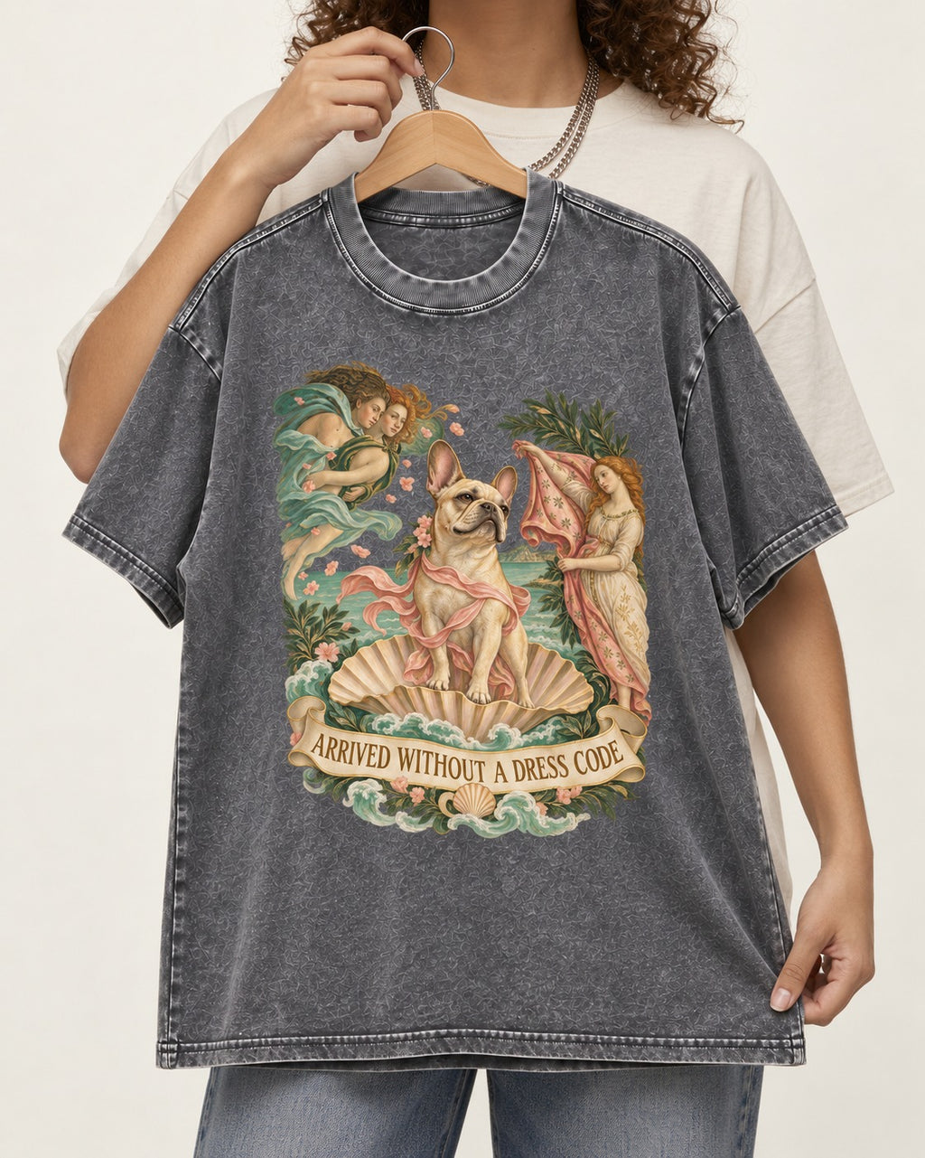 Frenchie Without a Dress Code Washed Tee in Gray, held up on a hanger