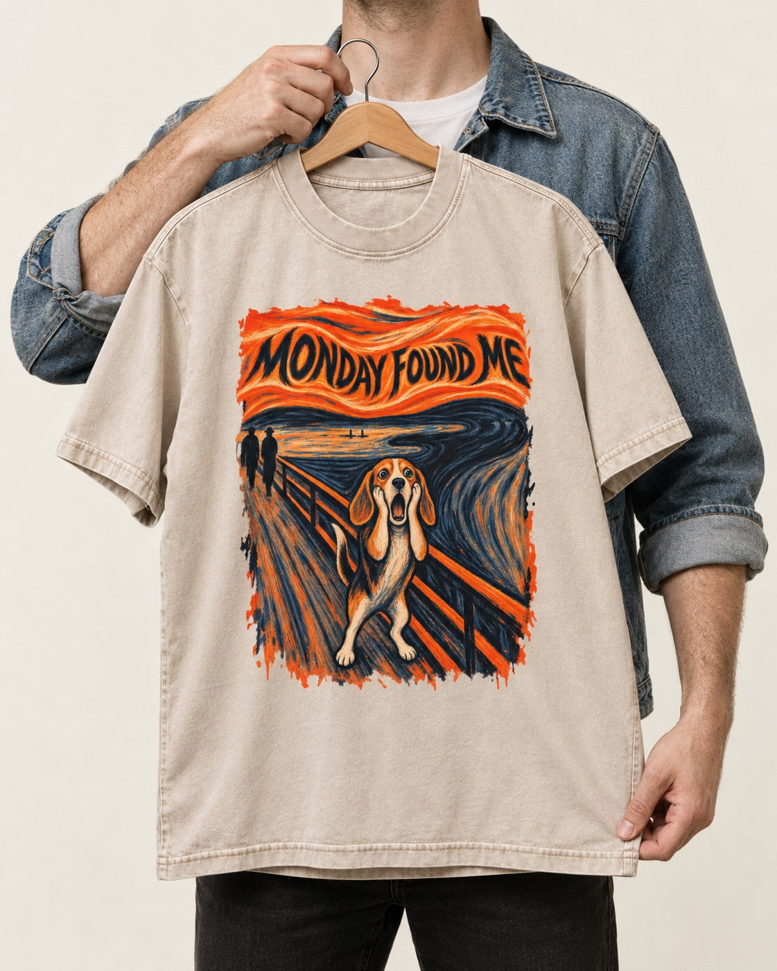 Monday Found Me Beagle Scream Scene Washed Tee in Apricot, held up on a hanger