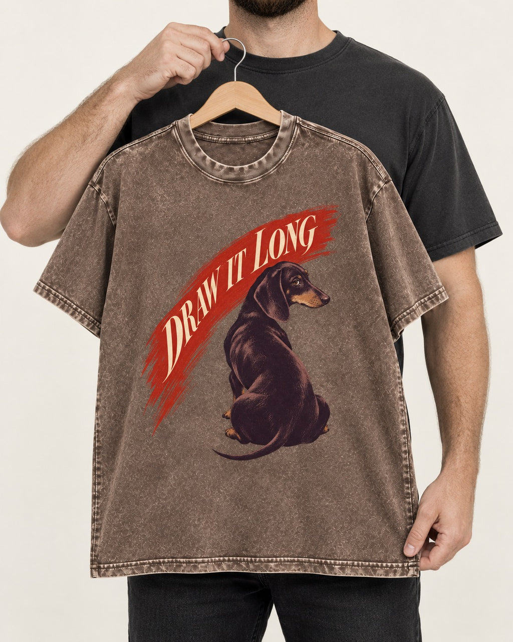Draw It Long Dachshund Washed Tee in Coffee, held up on a hanger