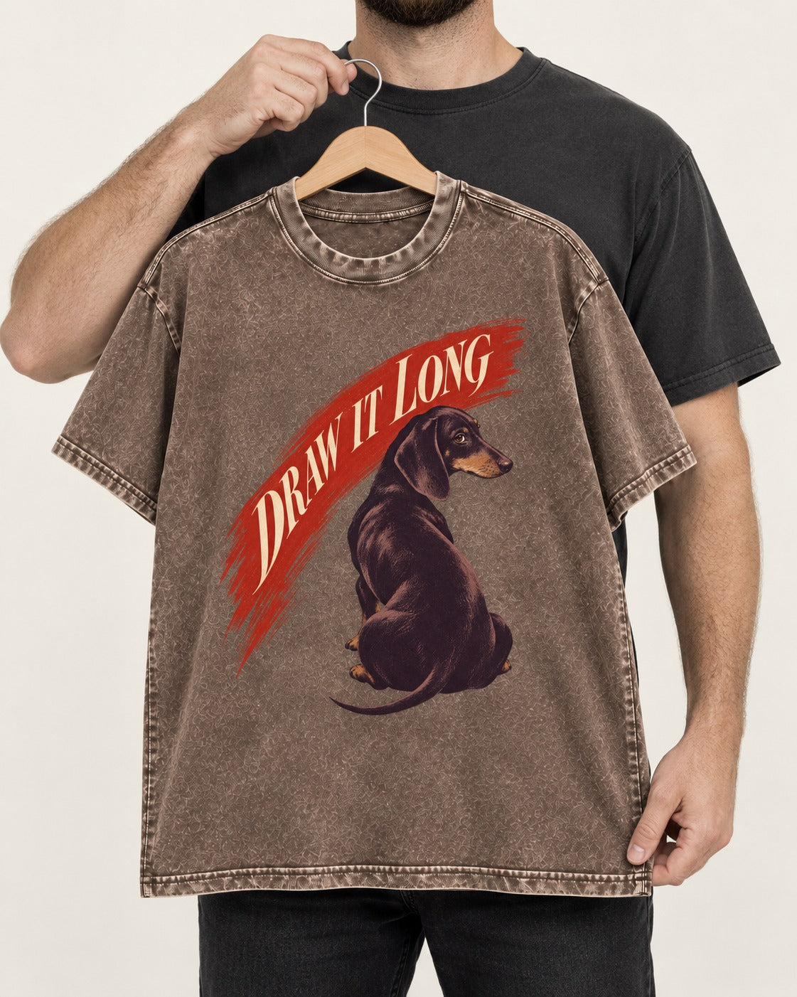 Draw It Long Dachshund Washed Tee in Coffee, held up on a hanger