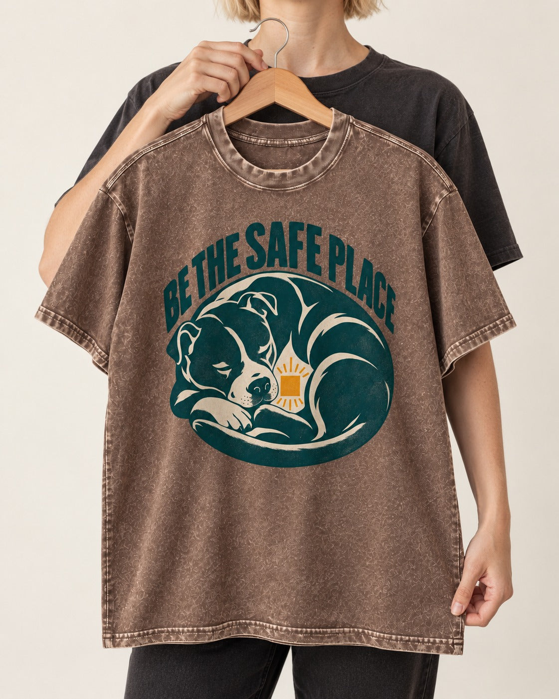Pitbull Safe Place Washed Tee in Coffee, held up on a hanger
