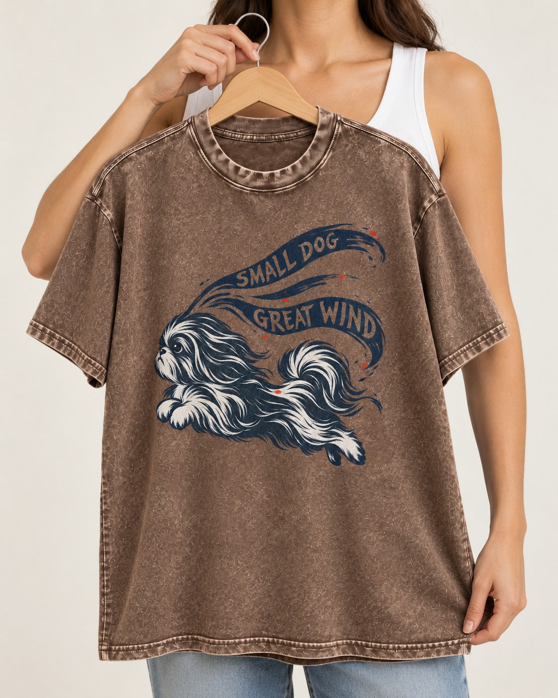 Small Shih Tzu Great Wind Washed Tee in Coffee, held up on a hanger