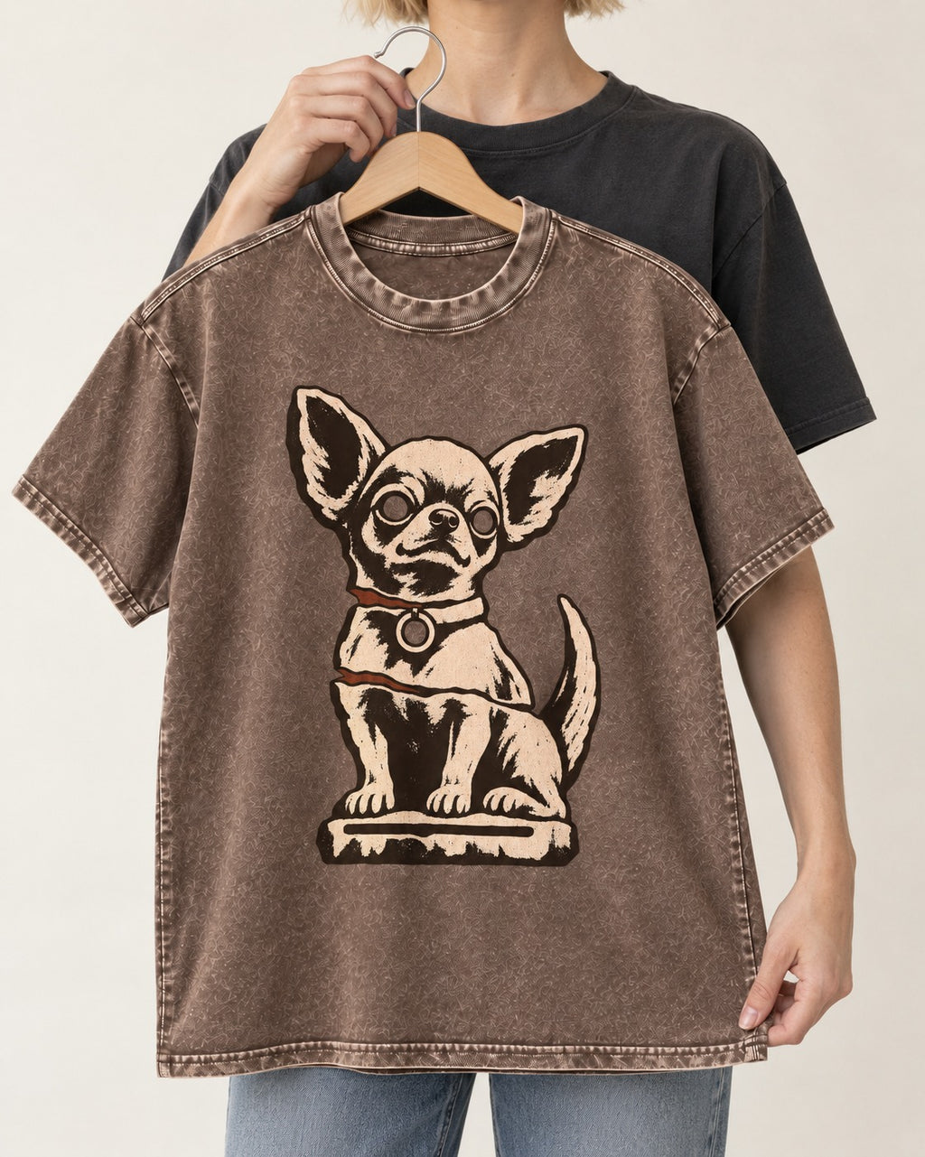 Chihuahua's Eternal Vigil Washed Tee in Coffee, held up on a hanger