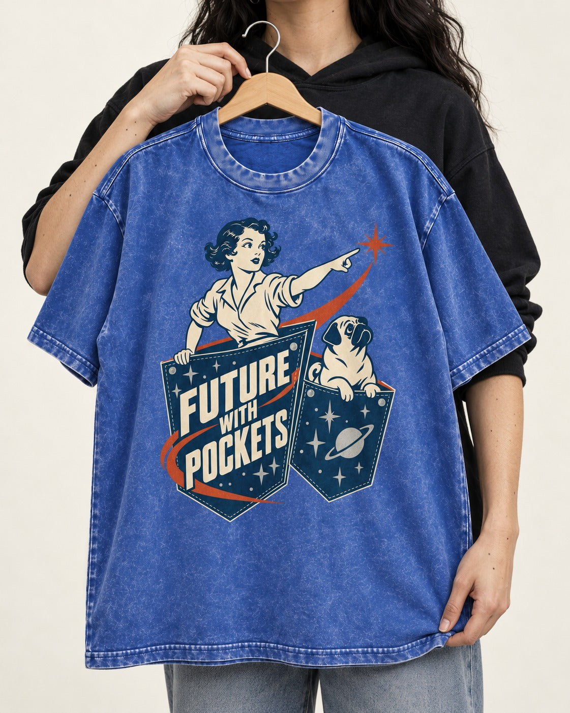 Pug Future with Pockets Space Pocket Graphic Washed Tee in Royal Blue, held up on a hanger