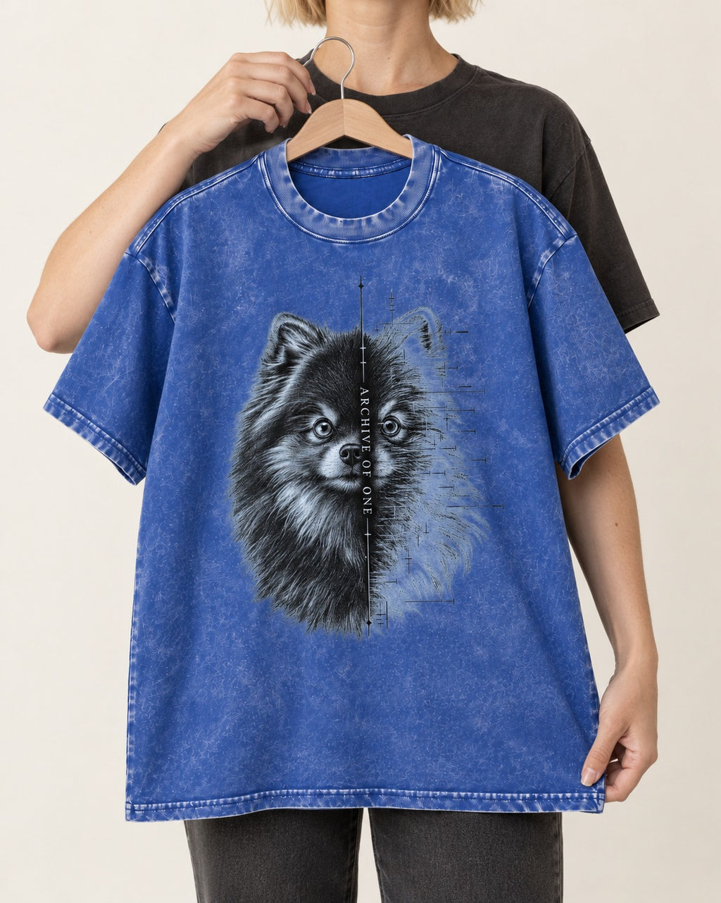 Pomeranian Archive of One Split Portrait Graphic Washed Tee in Royal Blue, held up on a hanger
