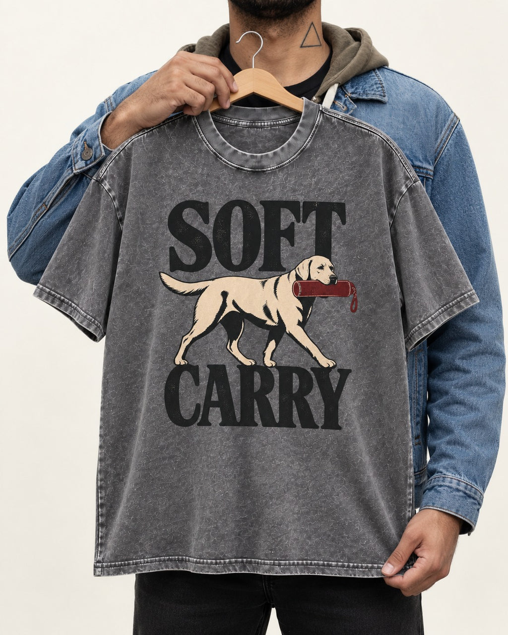Soft Carry Labrador Retriever Washed Tee in Gray, held up on a hanger