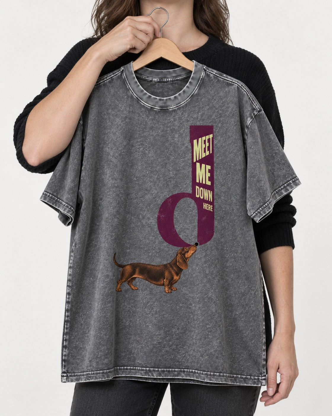 Dachshund Meet Me Down Here Letterform Loop Graphic Washed Tee in Gray, held up on a hanger