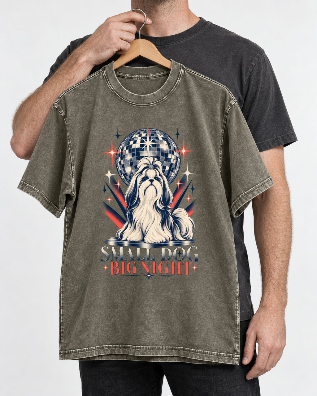 Shih Tzu Small Dog Big Night Disco Graphic Washed Tee in Army Green, held up on a hanger