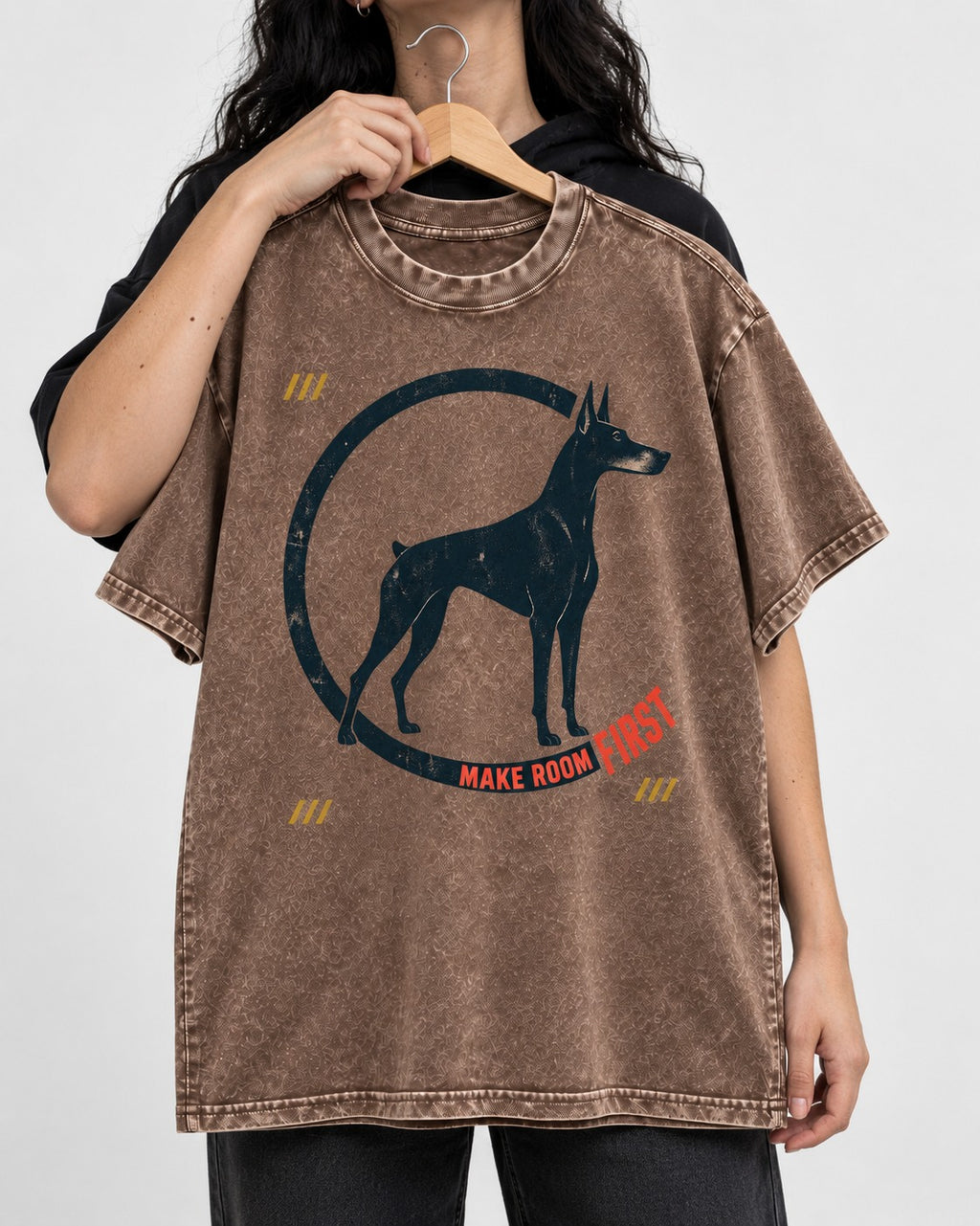 Make Room First Doberman Washed Tee in Coffee, held up on a hanger