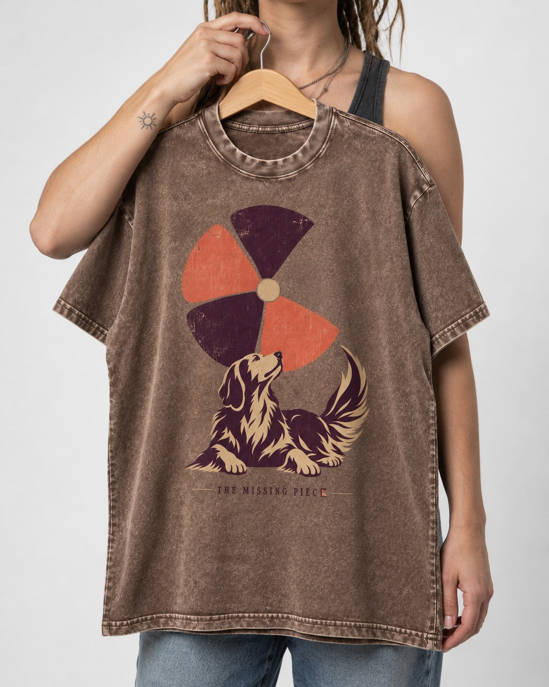Golden Retriever Is My Missing Piece Washed Tee in Coffee, held up on a hanger