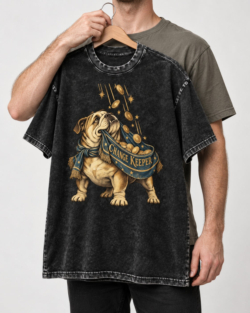 English Bulldog Change Keeper Coin Scarf Graphic Washed Tee in Black, held up on a hanger