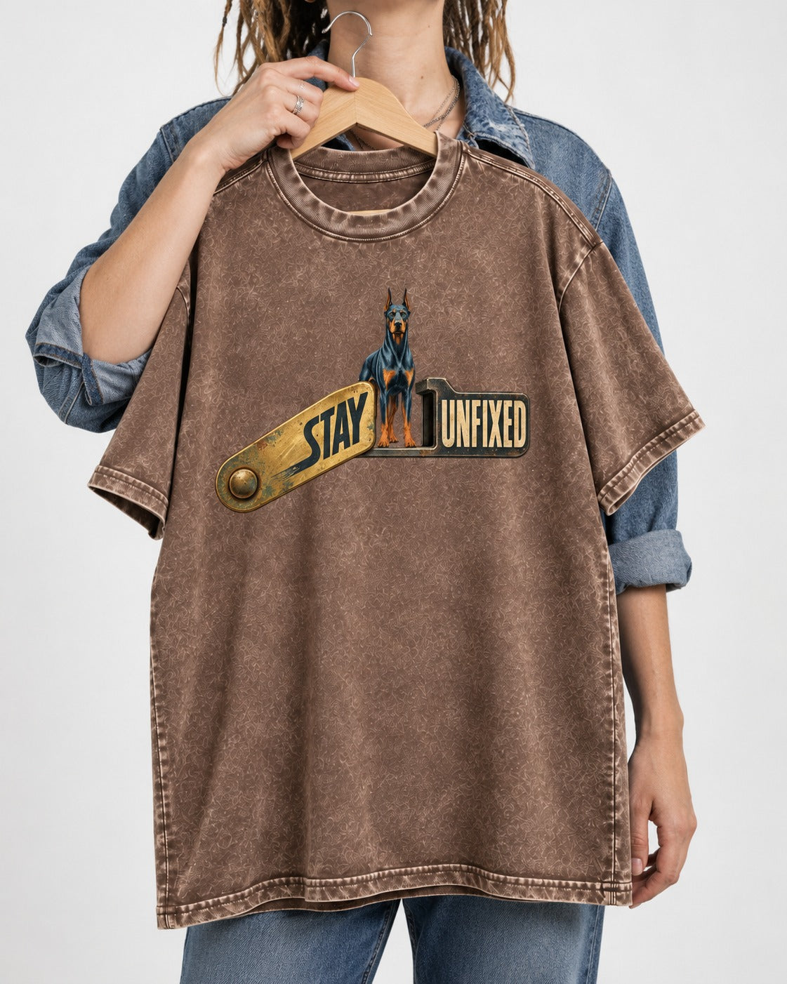 Doberman Stay Unfixed Washed Tee in Coffee, held up on a hanger