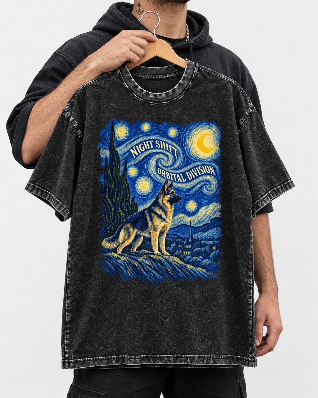 German Shepherd Dog Night Shift Orbital Division Starry Night Washed Tee in Black, held up on a hanger