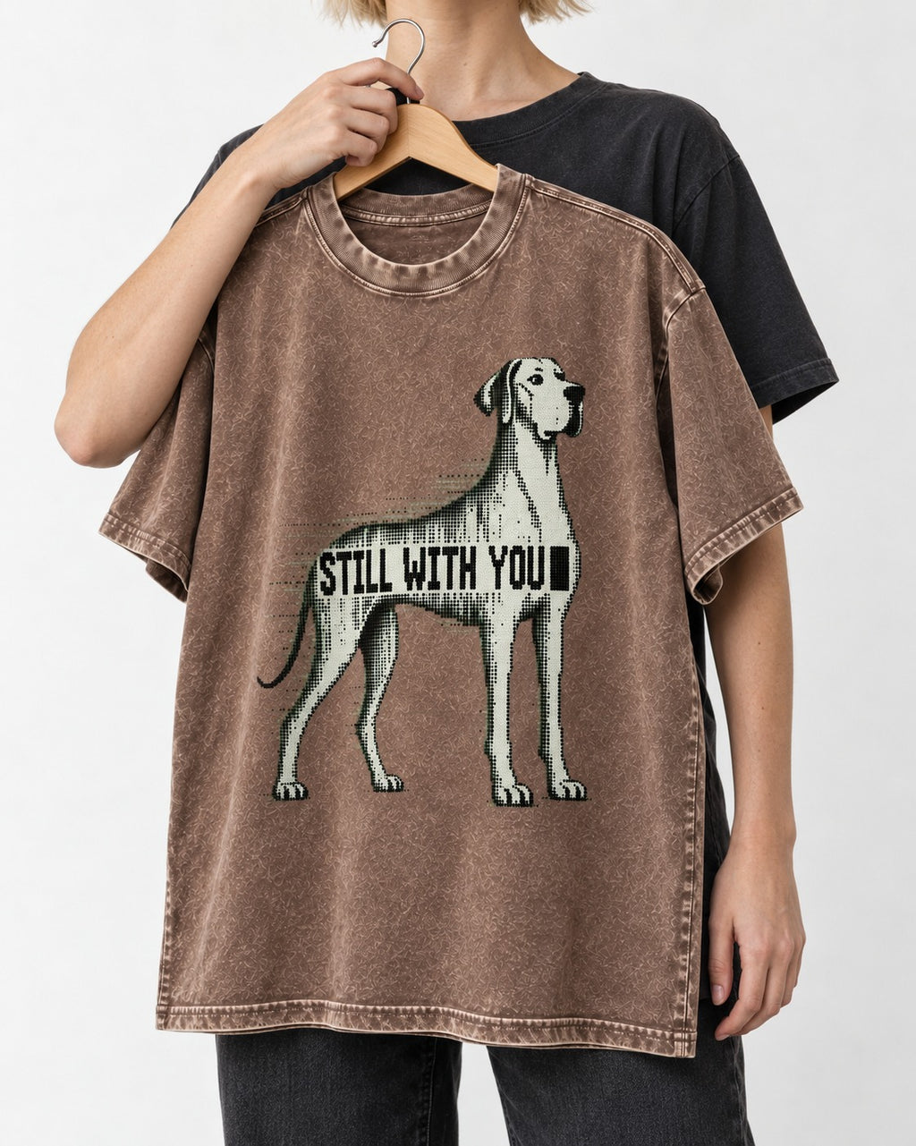 Still with You Great Dane Washed Tee in Coffee, held up on a hanger