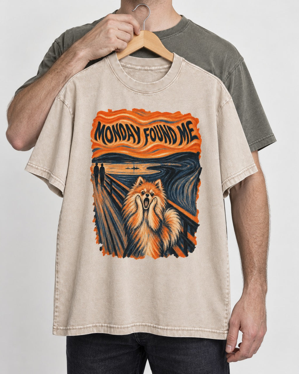 Pomeranian Monday Found Me Scream Parody Graphic Washed Tee in Apricot, held up on a hanger