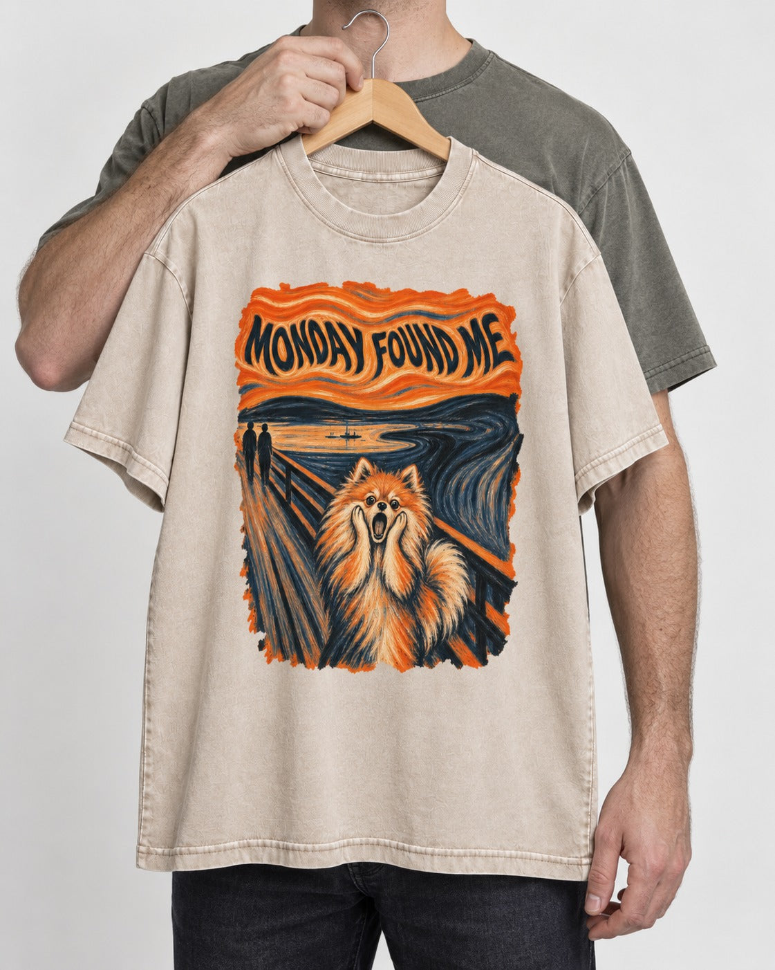 Pomeranian Monday Found Me Scream Parody Graphic Washed Tee in Apricot, held up on a hanger