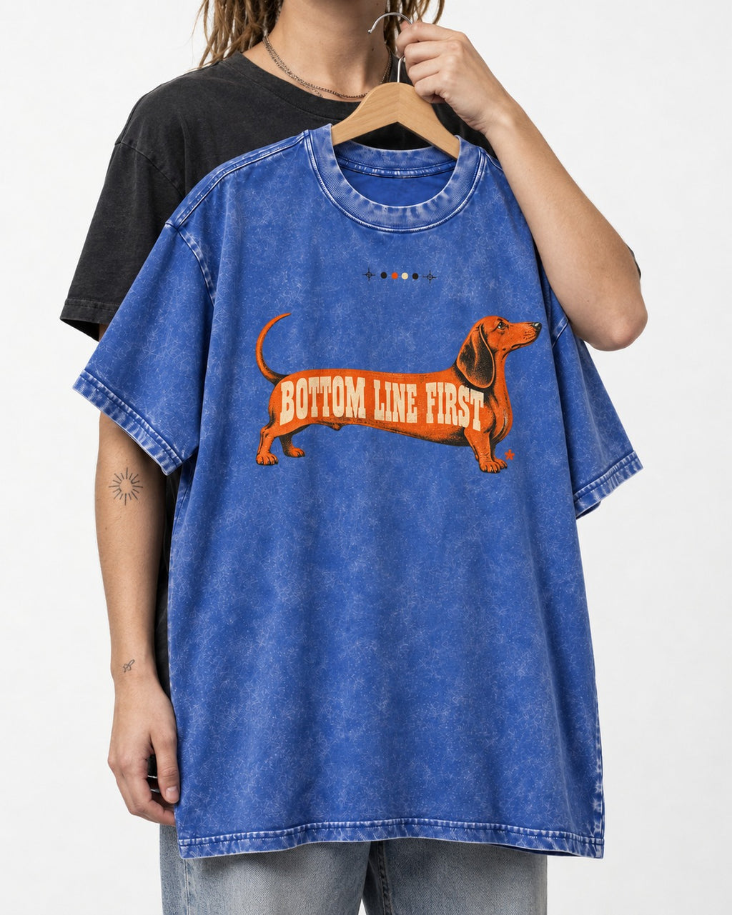 Dachshund Bottom Line First Body Lettering Graphic Washed Tee in Royal Blue, held up on a hanger